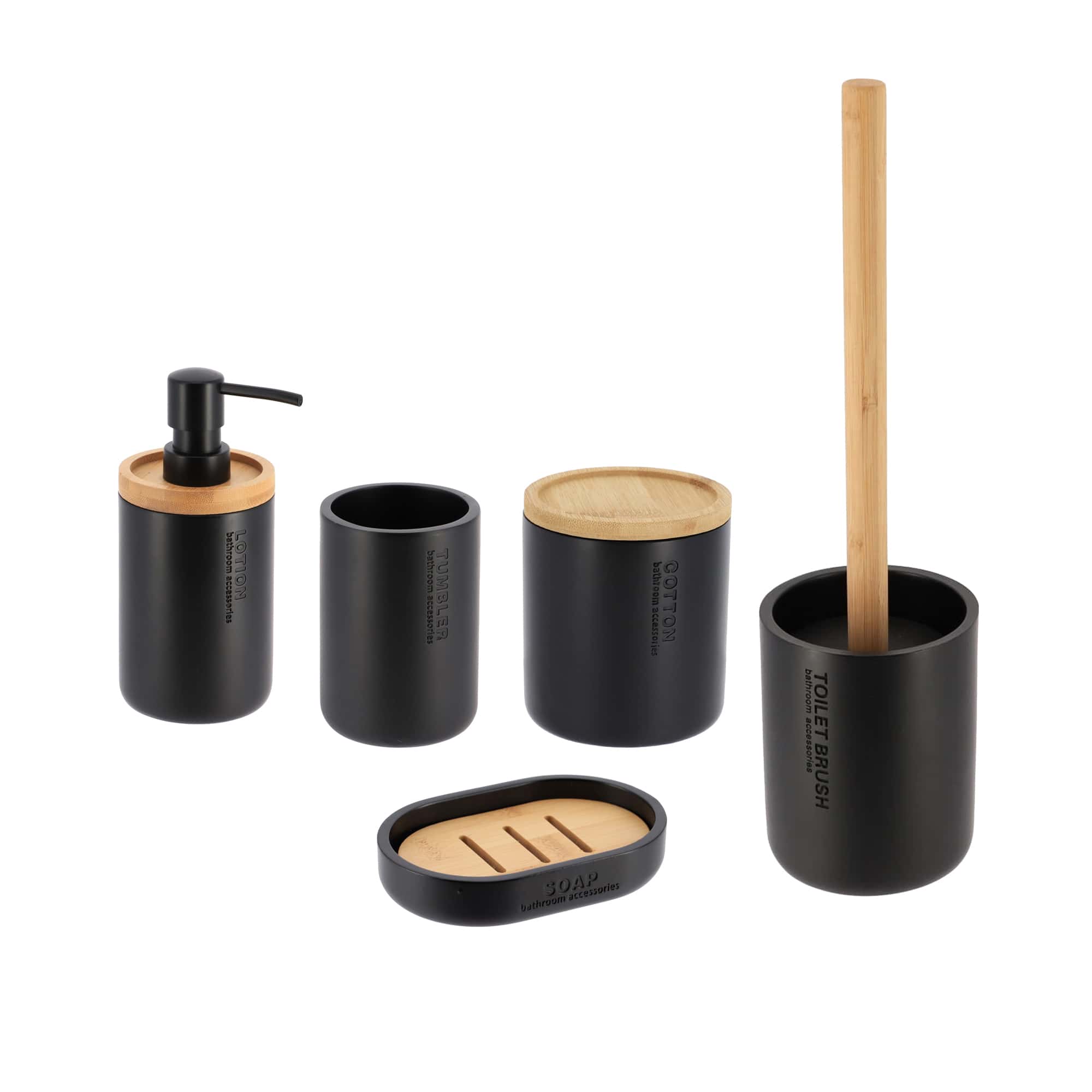 Modern Black Bathroom Accessories Set with Bamboo Details 5 pieces Liquid Soap Dispenser, Tumbler, Cotton Holder, Toilet Bowl Brush and Bar Soap Holder