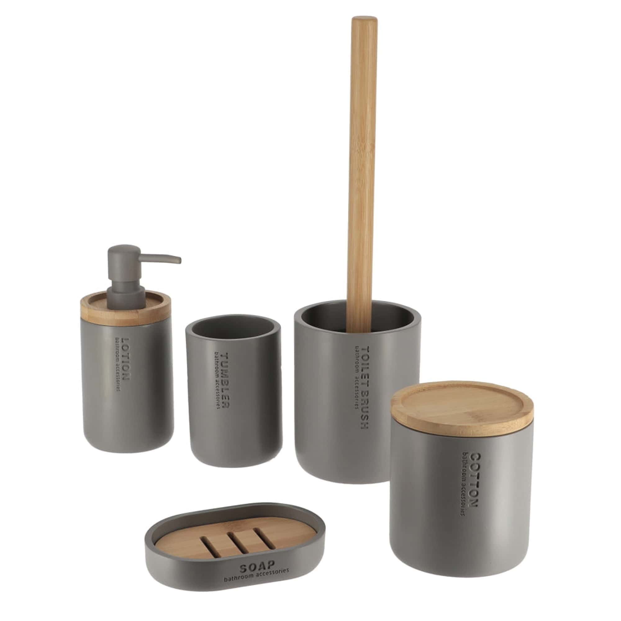Contemporary Gray Bathroom Set with Bamboo Touch 5 pieces Hand Soap Pump, Toothbrush Holder, Toilet Brush Cleaner, Cotton Pot and Soap Cup