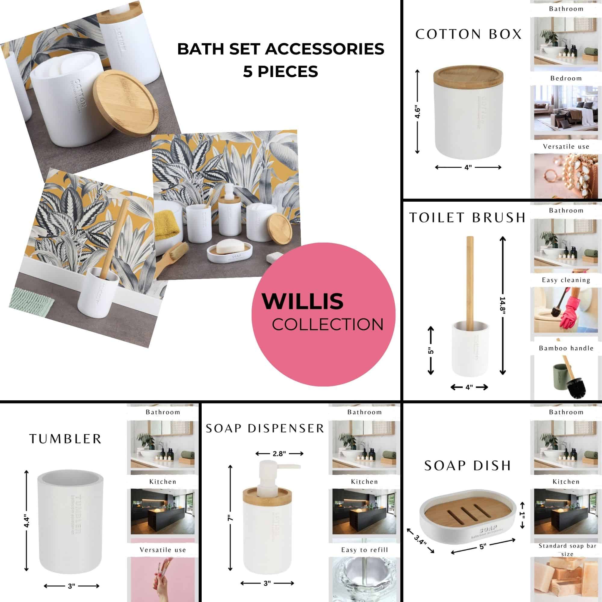 Complete collection bath set accessories 5 pieces fo modern interior snow white