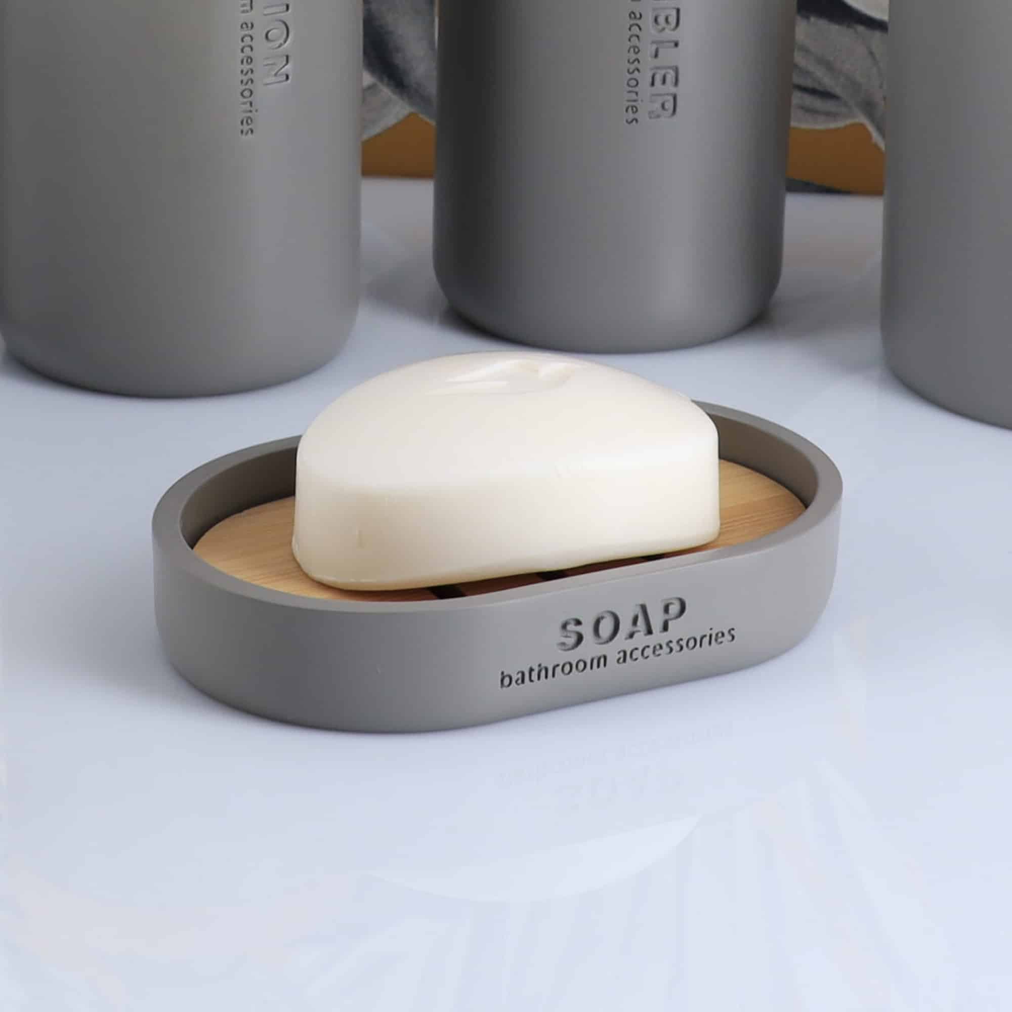 Minimalist design matte grey draining bamboo insert engraved Soap bathroom accessories
