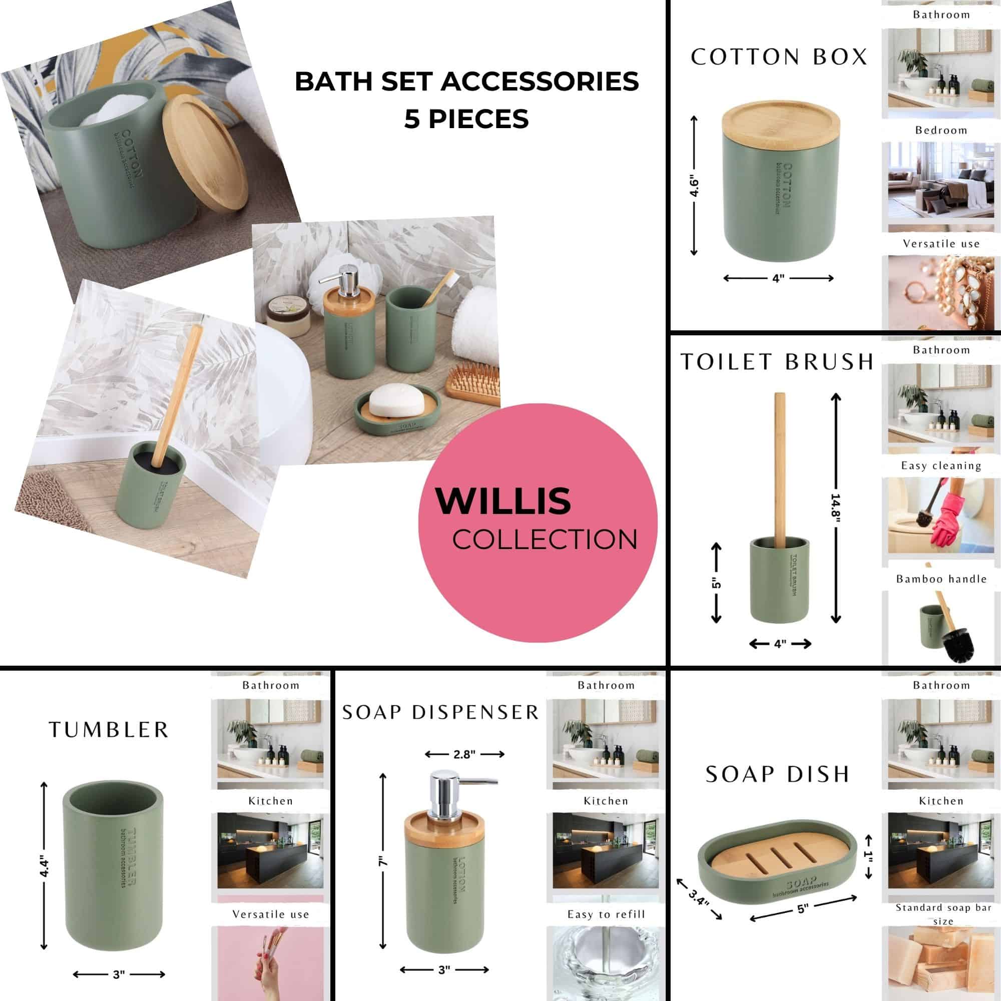 Complete collection bath set accessories 5 pieces for modern interior khaki green