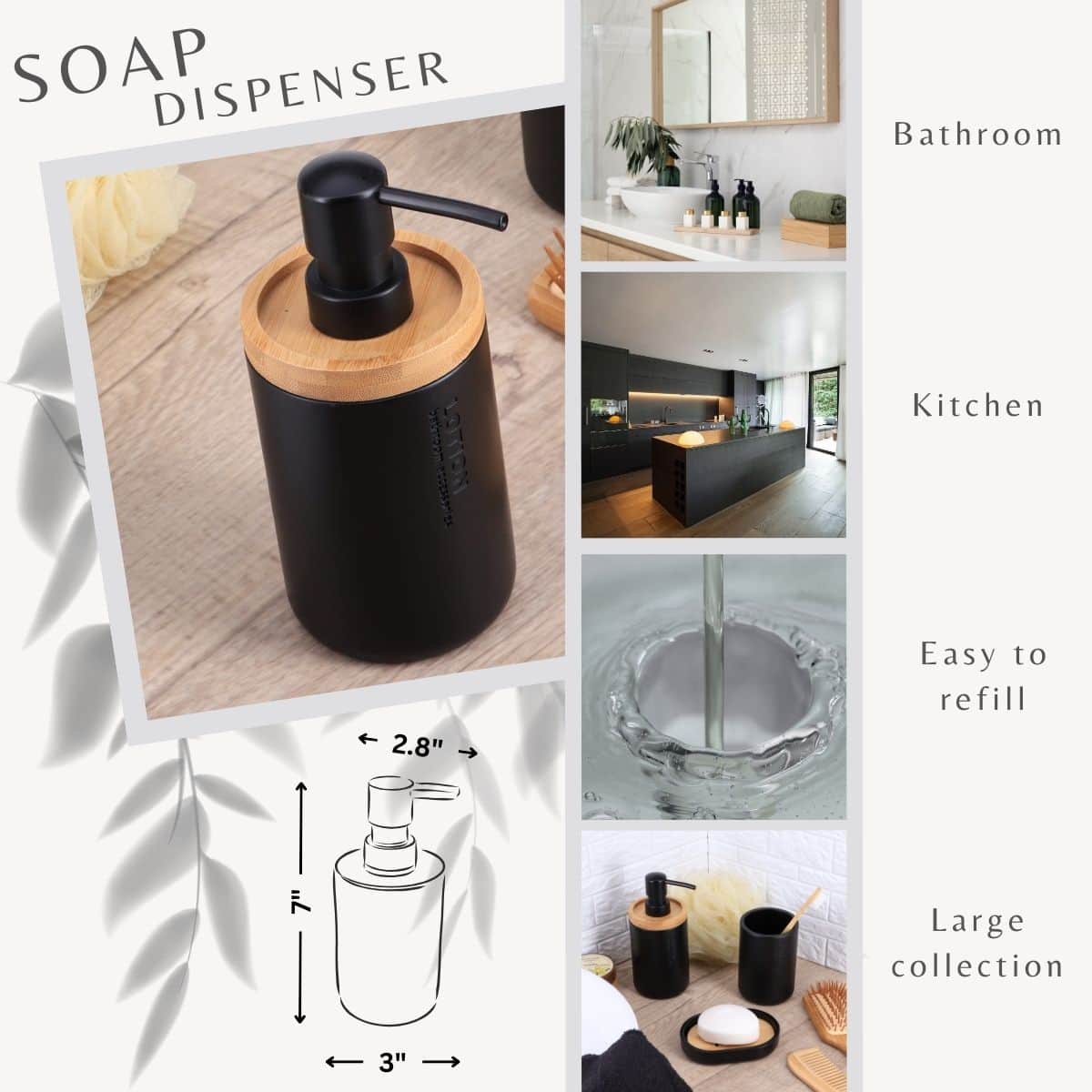 Versatile wooden onyx black hand soap dispenser for bathroom kitchen liquid soap lotion hand sanitizer dish soap