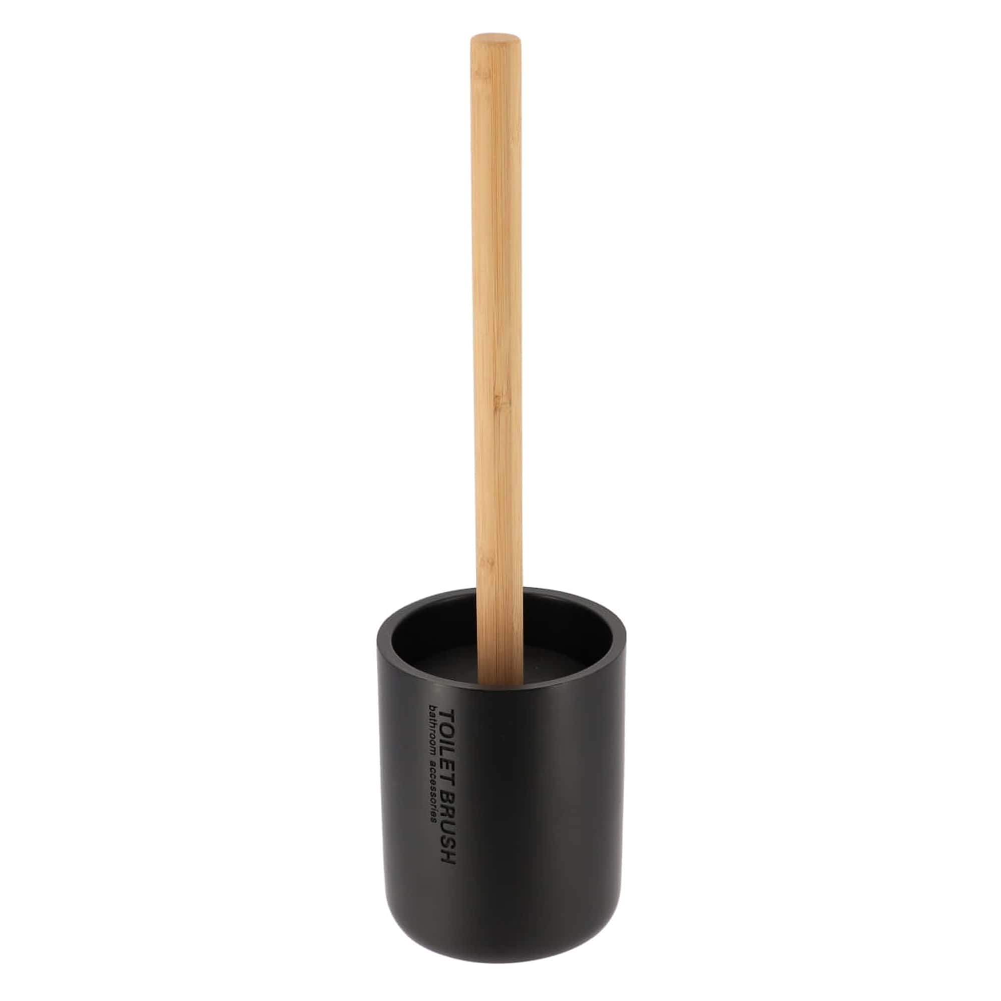 Sleek Matte Black Toilet Brush Holder with Bamboo Handle Polyresin Bathroom Cleaning Tool Set