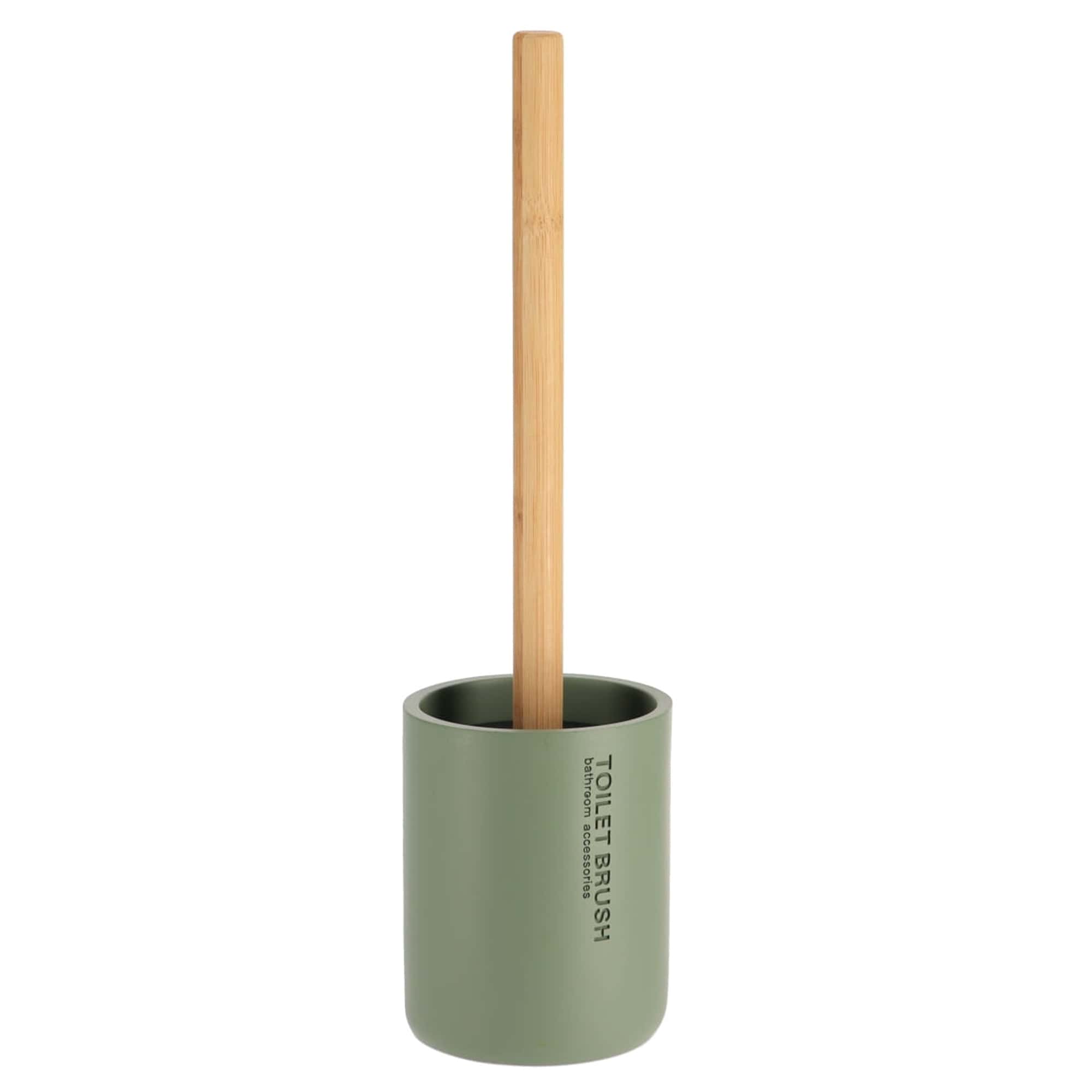 Chic Matte Green Toilet Brush Holder Set with Natural Bamboo Handle Polyresin Bathroom Cleaning Accessory