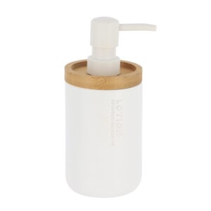 Pure Matte White Soap Dispenser with Natural Bamboo Top Polyresin Liquid Pump Modern Bathroom Accessory
