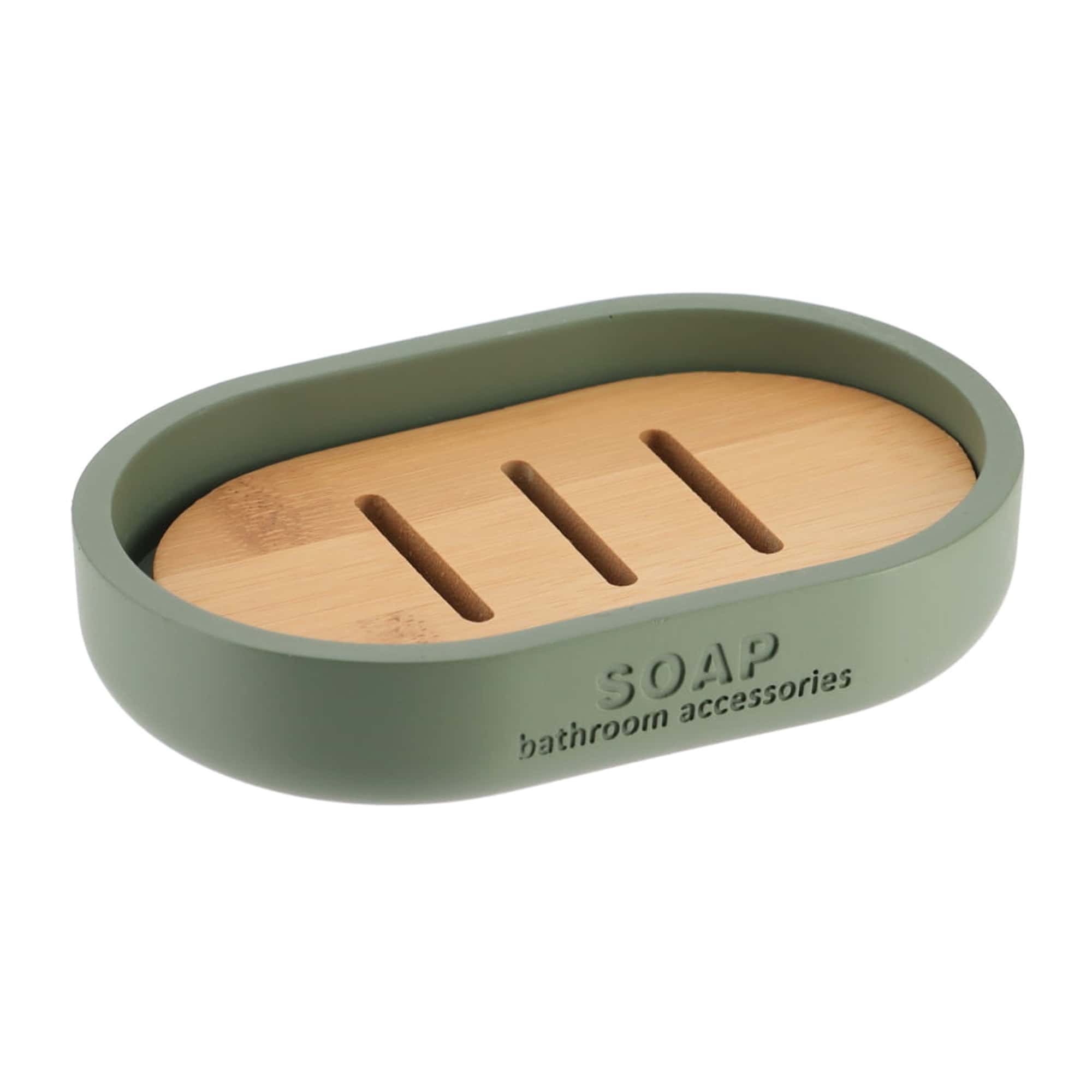 Chic Matte Green Soap Dish with Bamboo Base Polyresin Bathroom Accessory for Elegant Décor