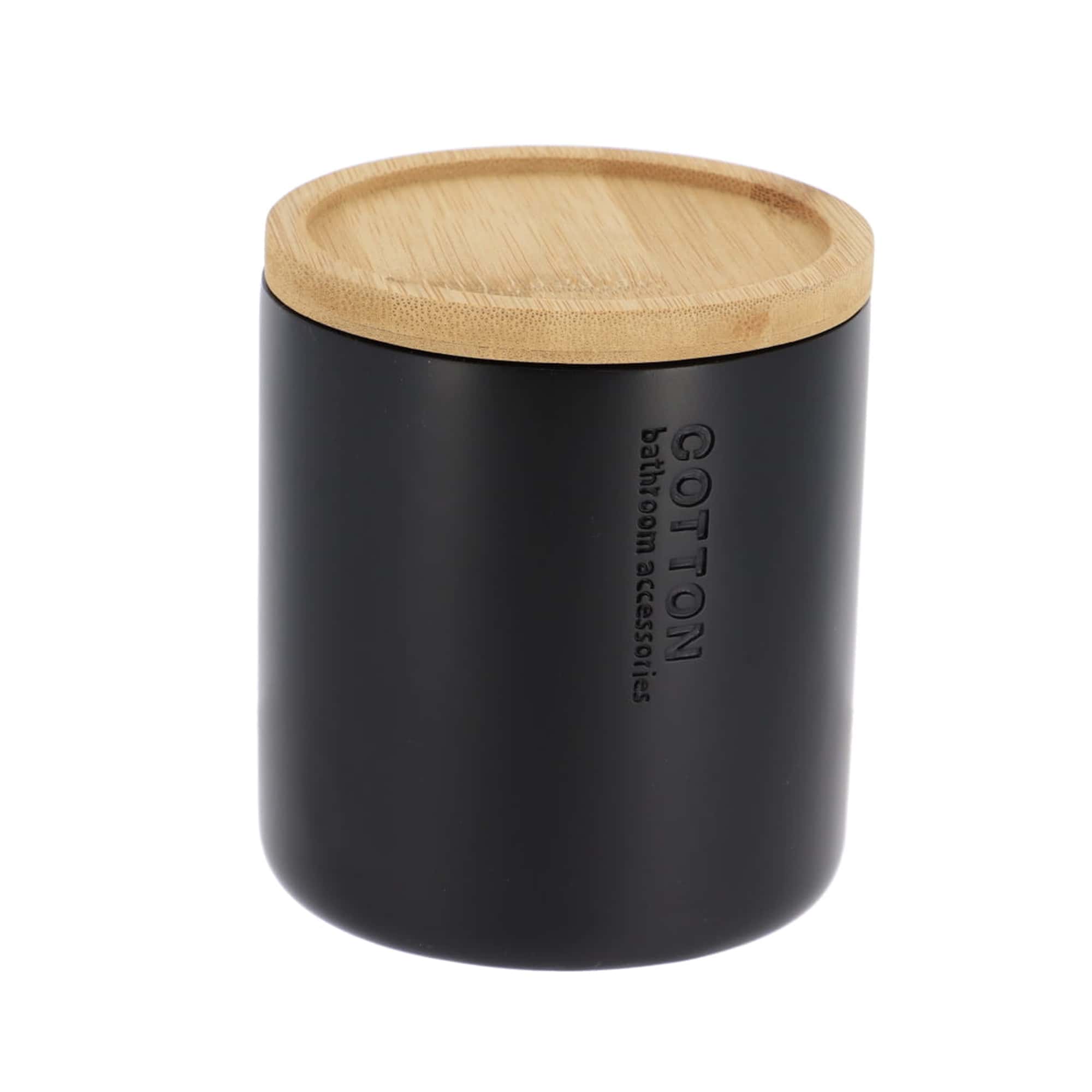 Sleek Matte Black Cotton Swab Holder with Natural Bamboo Lid Polyresin Bathroom Accessory