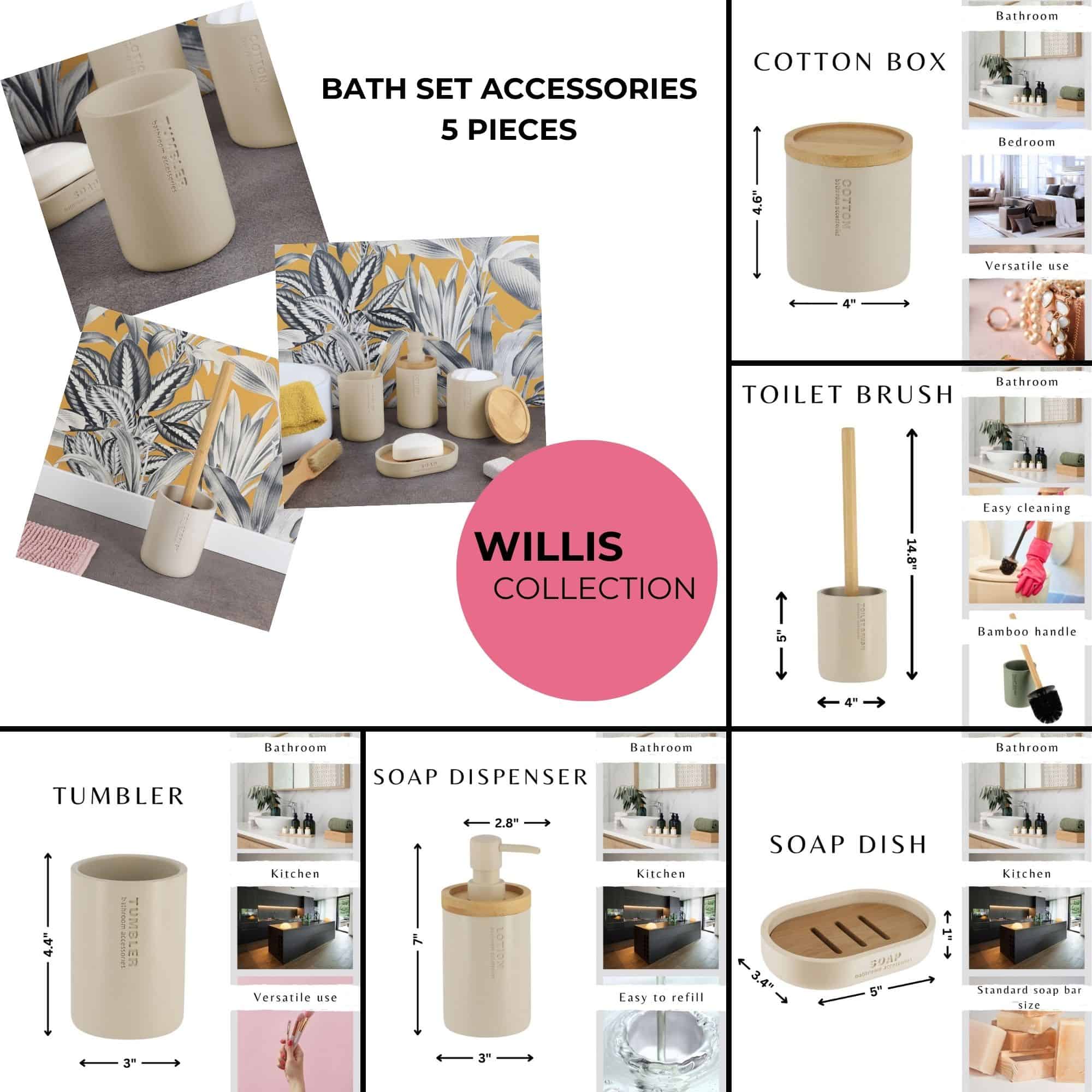 Complete collection bath set accessories 5 pieces fo modern interior creamy beige
