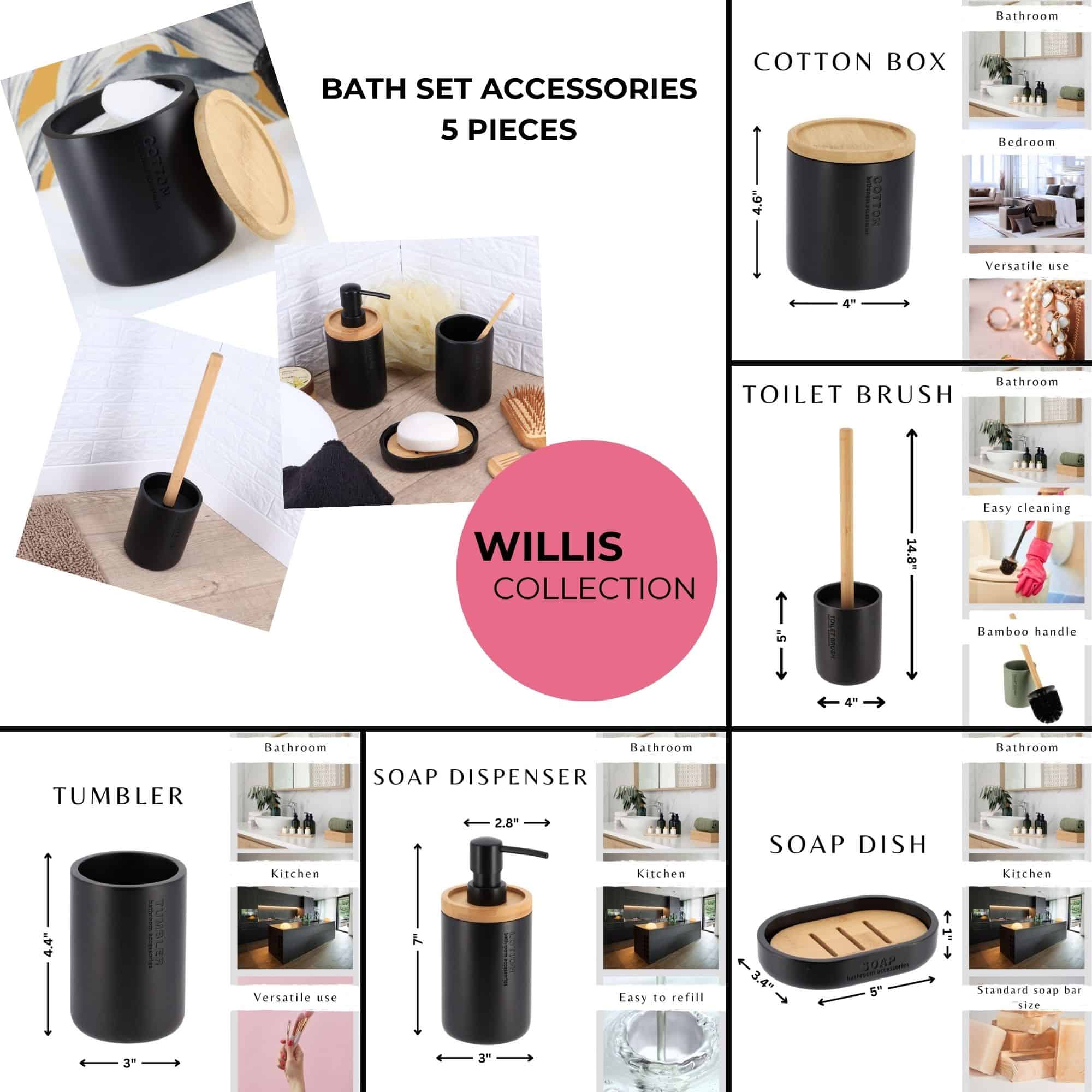 Complete collection bath set accessories 5 pieces fo modern interior ebony black