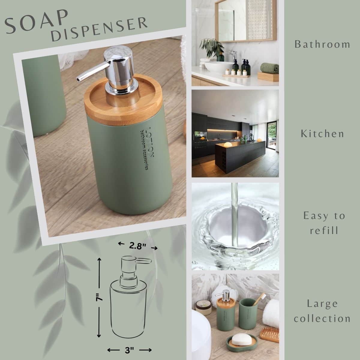 Versatile wooden olive green hand soap dispenser for bathroom kitchen liquid soap lotion hand sanitizer dish soap