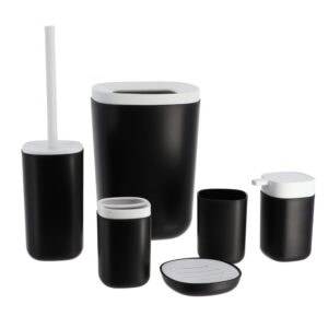 Black and white bathroom set with trash can and toilet brush