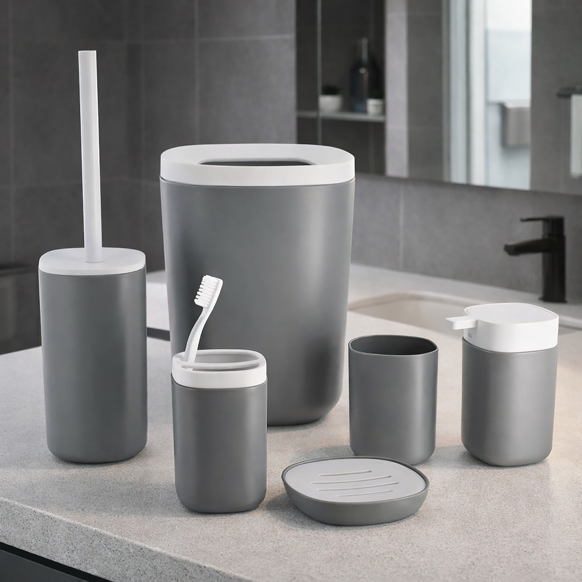 Gray and white 6-piece bathroom accessories set on counter