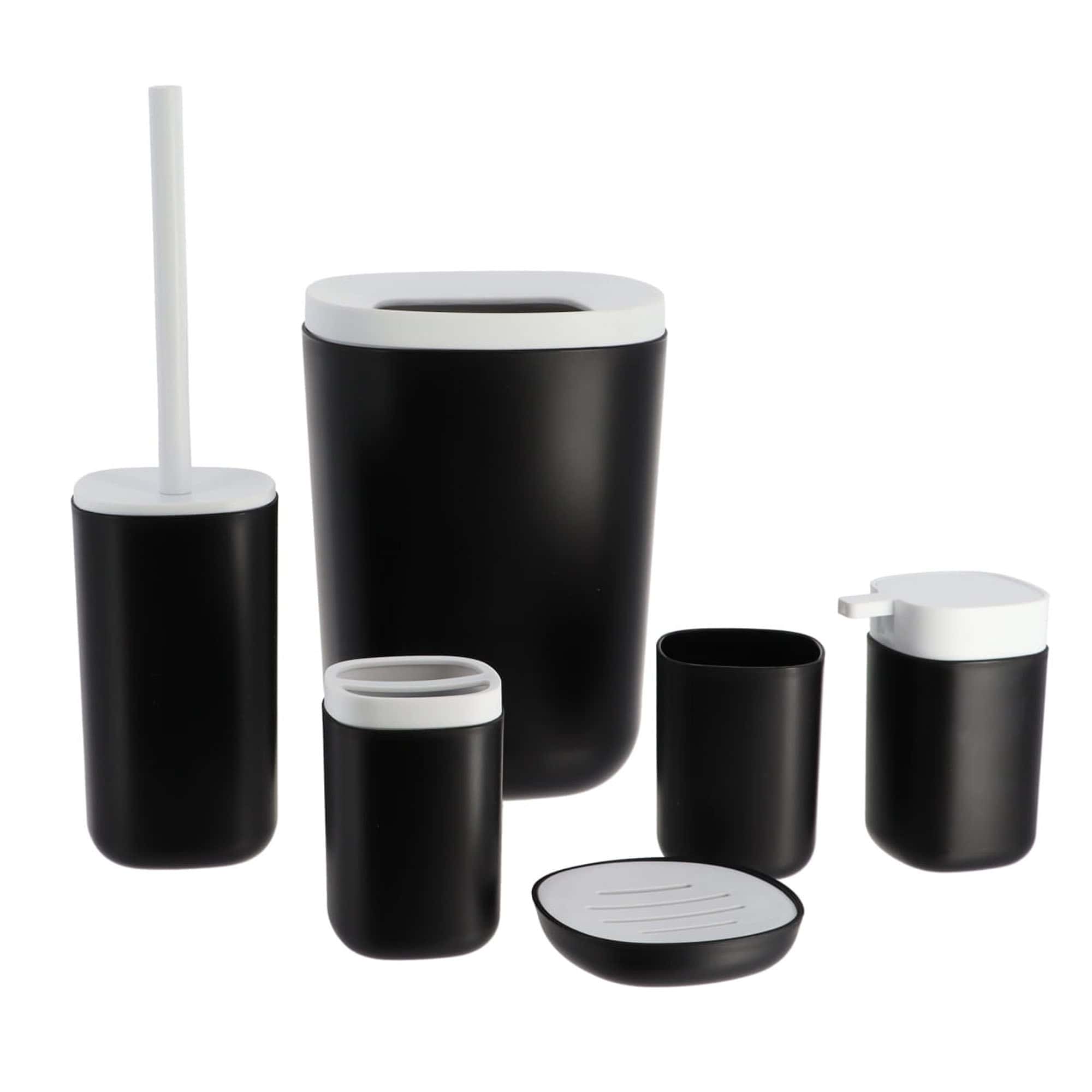 Complete bathroom accessories set in black and white with trash can, toilet brush set, toothbrush holder, tumbler, soap cup, liquid soap pump