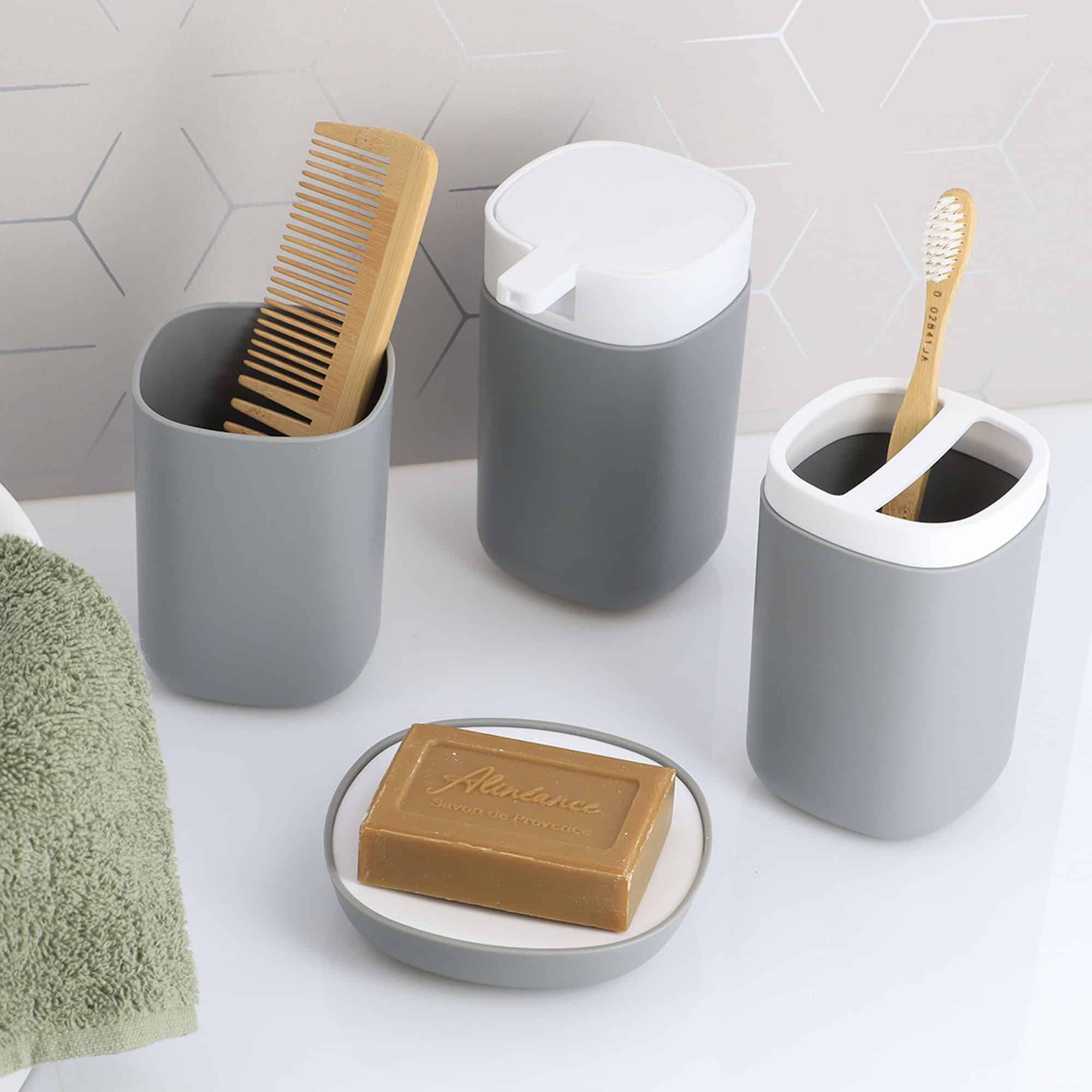 Minimalist bicolor ensemble for clean bathroom counter, perfect to hold bar soap, toothbrush, brushes and combs, make up accessories
