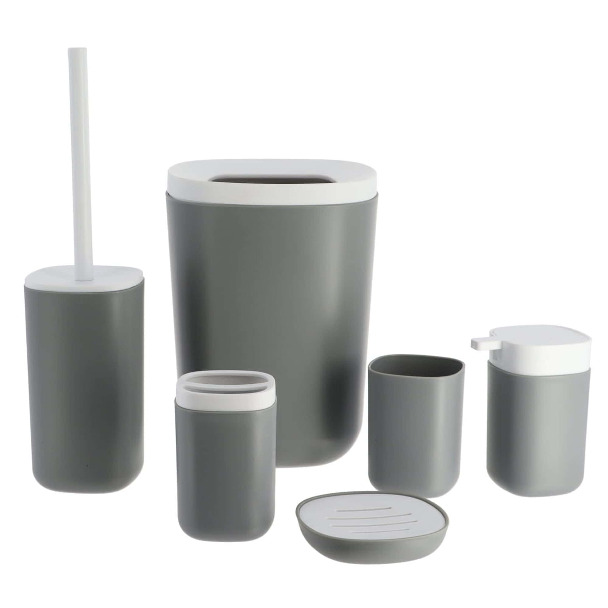 Complete bathroom accessories set in gray and white with trash can, toilet brush set, toothbrush holder, tumbler, soap cup, liquid soap pump