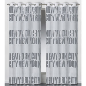 solid light gray black out curtains silver NYC lettering 2 panels for large windows