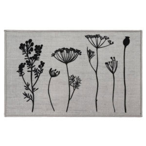 Gray floral kitchen mat with black botanical stem print of wildflowers and seed heads displayed flat against a soft neutral background.