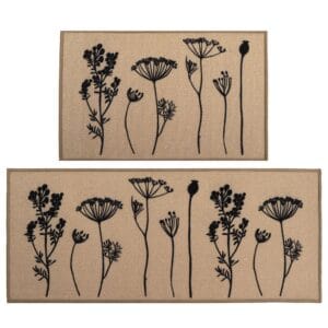 Two piece floral kitchen rug set in natural beige with black wildflower and seed head silhouettes, a mat and a longer runner shown flat on white.