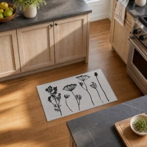 Gray kitchen rug with floral print laid on warm hardwood flooring beside wood cabinets and a stainless range in a bright kitchen.