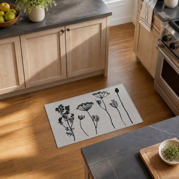 Gray kitchen rug with floral print laid on warm hardwood flooring beside wood cabinets and a stainless range in a bright kitchen.
