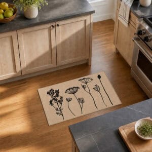 Natural beige kitchen rug with floral print laid on warm hardwood flooring beside wood cabinets and a stainless range in a bright kitchen.