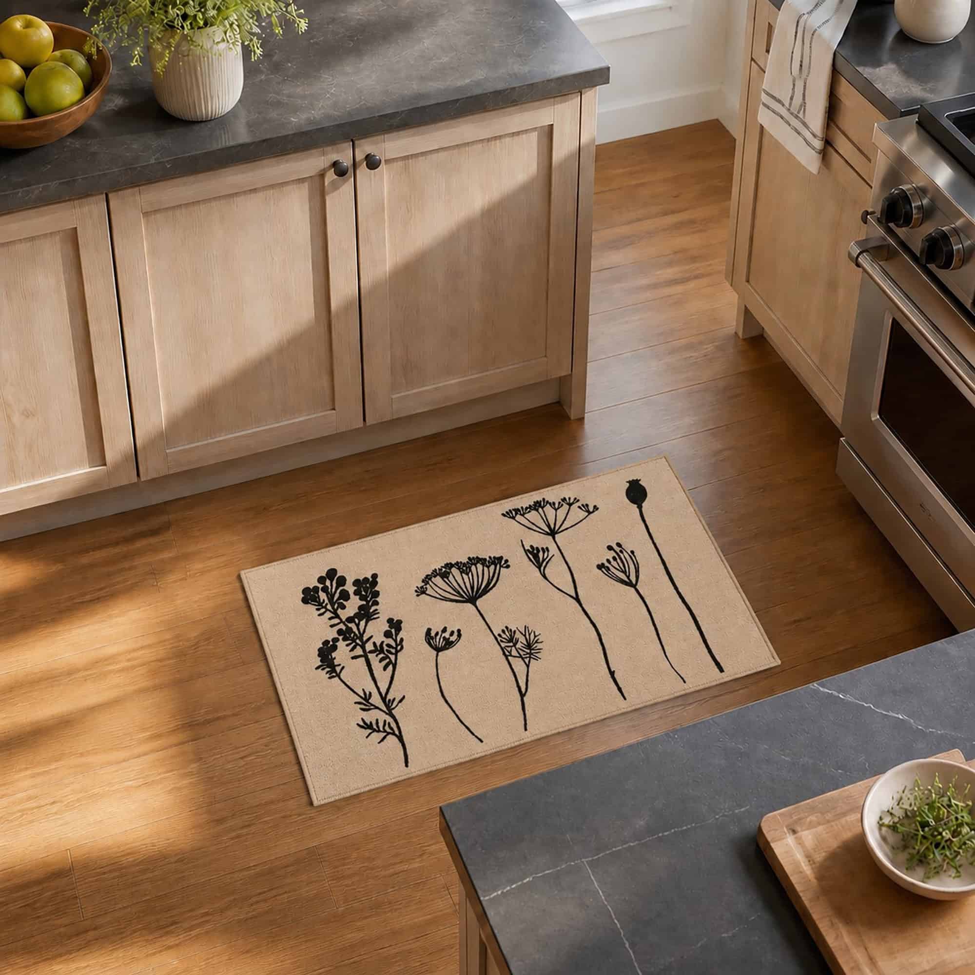Natural beige kitchen rug with floral print laid on warm hardwood flooring beside wood cabinets and a stainless range in a bright kitchen.