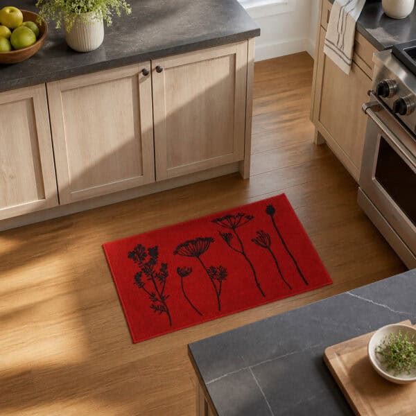 Red kitchen rug with floral print laid on warm hardwood flooring beside wood cabinets and a stainless range in a bright kitchen.