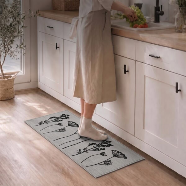 Woman in socks standing on a gray floral kitchen runner at the sink while preparing fresh produce in a bright modern kitchen.