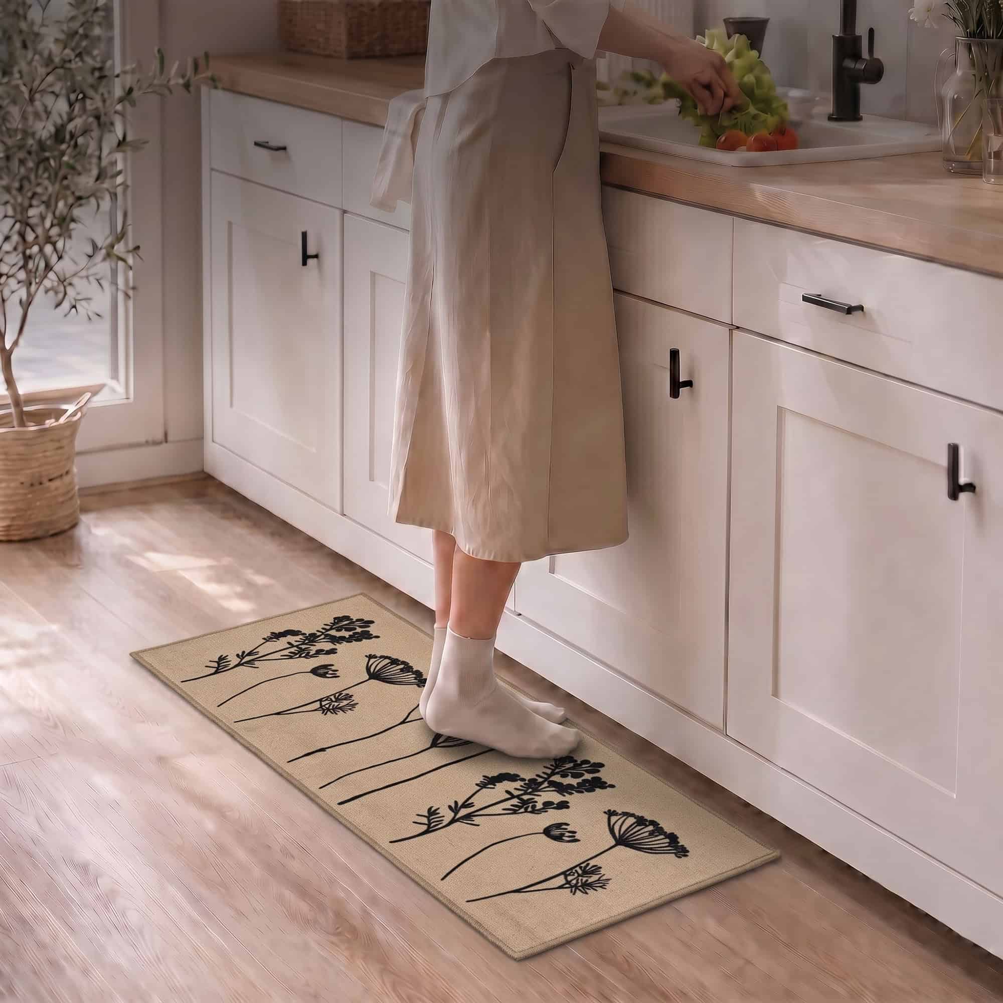 Woman in socks standing on a natural beige floral kitchen runner at the sink while preparing fresh produce in a bright modern kitchen.
