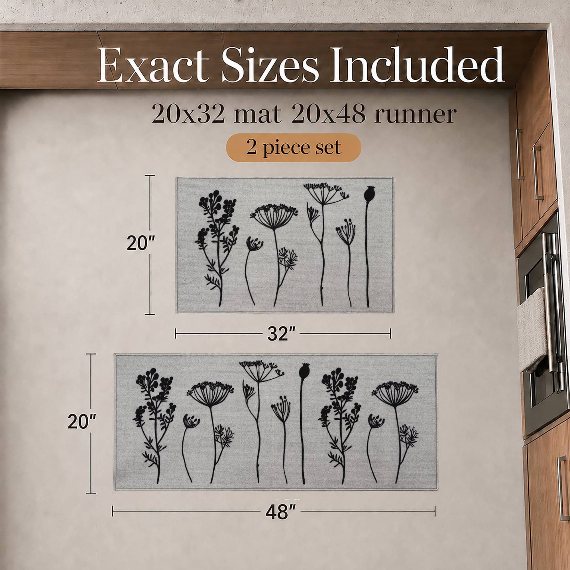 Size guide for the two piece set showing the mat at twenty by thirty two inches and the runner at twenty by forty eight inches.