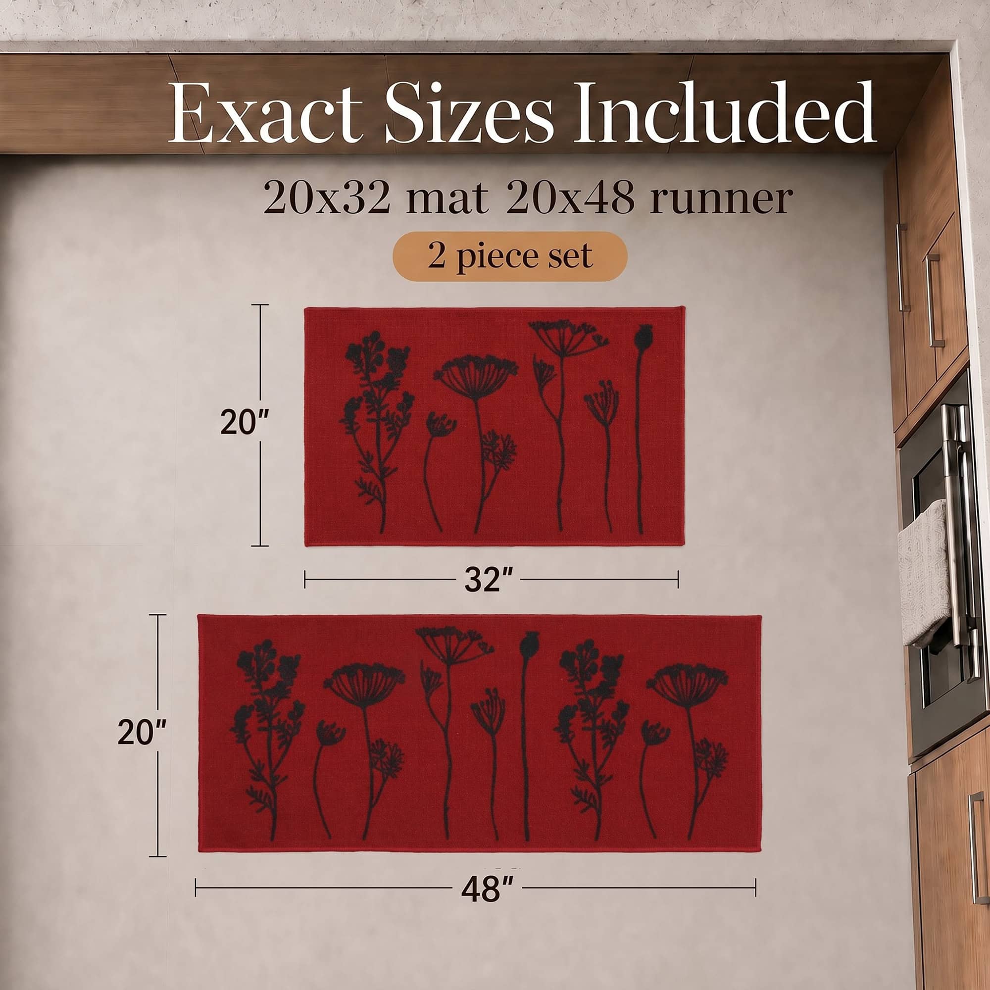 Size guide for the two piece set showing the mat at twenty by thirty two inches and the runner at twenty by forty eight inches.