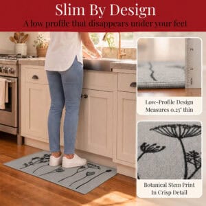 Woman standing on a gray low profile kitchen mat at the sink with inset views showing the one quarter inch thickness and botanical print detail.