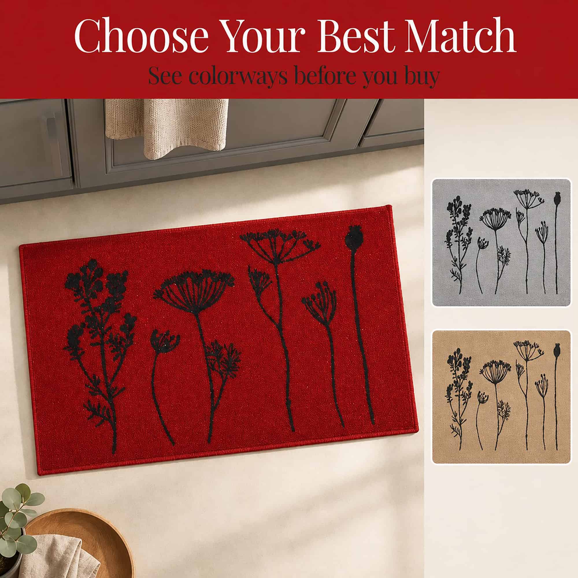 Red floral kitchen mat shown as the main option with smaller gray and natural swatches so shoppers can compare colorways before buying.
