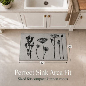 Gray kitchen floor mat shown near a sink with measurement arrows marking thirty two inches wide by twenty inches deep for compact spaces.