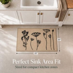 Natural beige kitchen floor mat shown near a sink with measurement arrows marking thirty two inches wide by twenty inches deep for compact spaces.