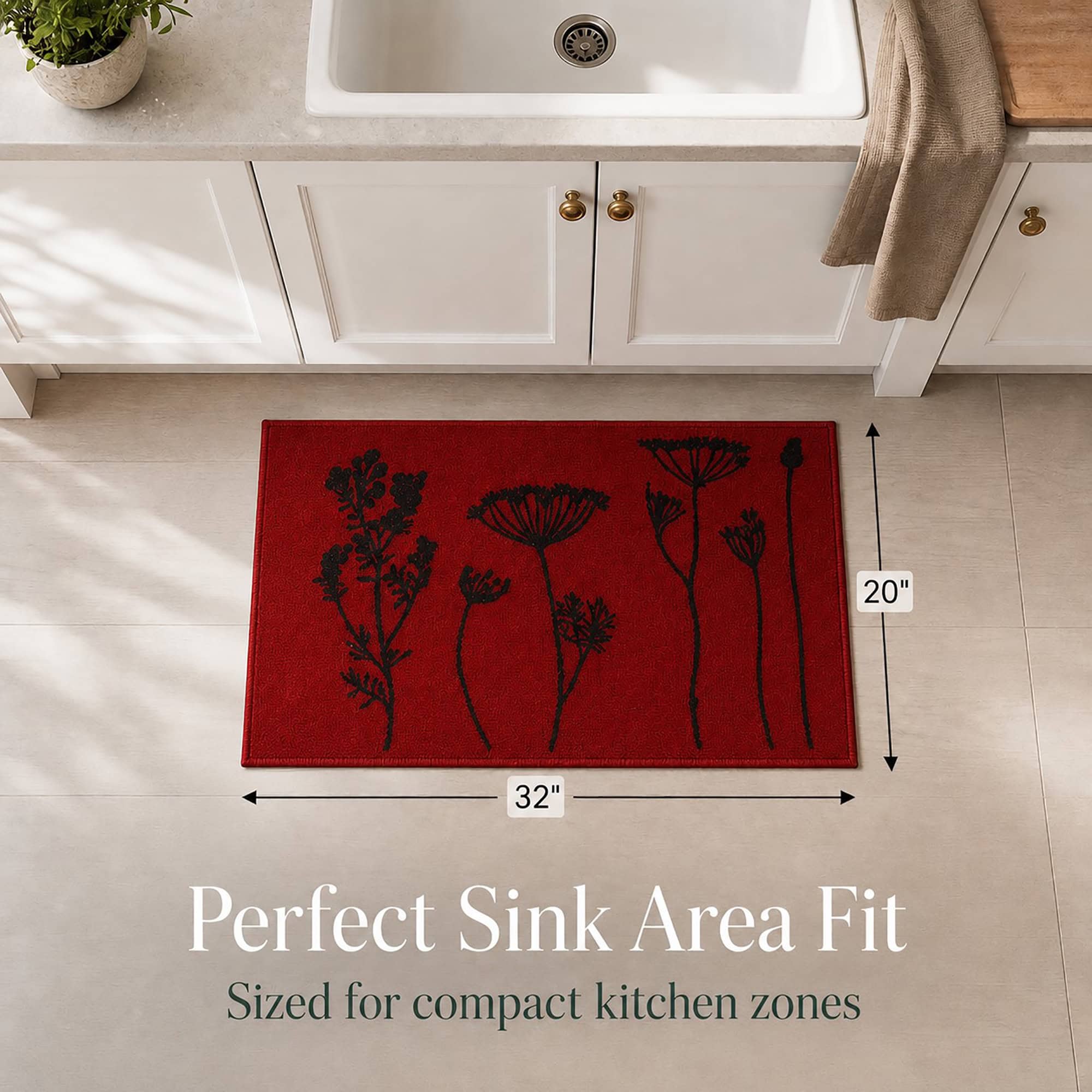 Red kitchen floor mat shown near a sink with measurement arrows marking thirty two inches wide by twenty inches deep for compact spaces.