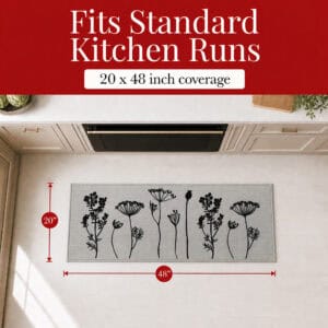 Gray kitchen runner mat shown from above with measurement arrows marking twenty inches by forty eight inches for standard kitchen runs.