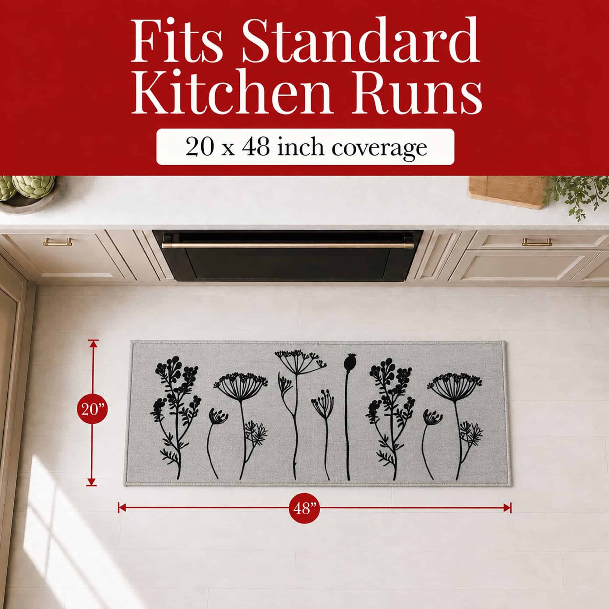 Gray kitchen runner mat shown from above with measurement arrows marking twenty inches by forty eight inches for standard kitchen runs.