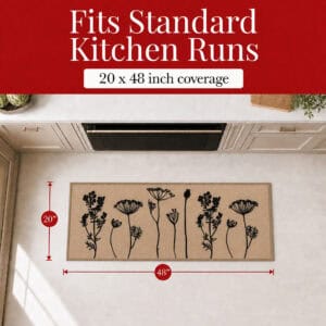 Natural beige kitchen runner mat shown from above with measurement arrows marking twenty inches by forty eight inches for standard kitchen runs.