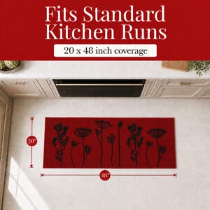 Red kitchen runner mat shown from above with measurement arrows marking twenty inches by forty eight inches for standard kitchen runs.