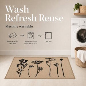 Natural beige floral kitchen mat in a laundry room with icons showing it can be rolled machine washed on a cold cycle and line dried.