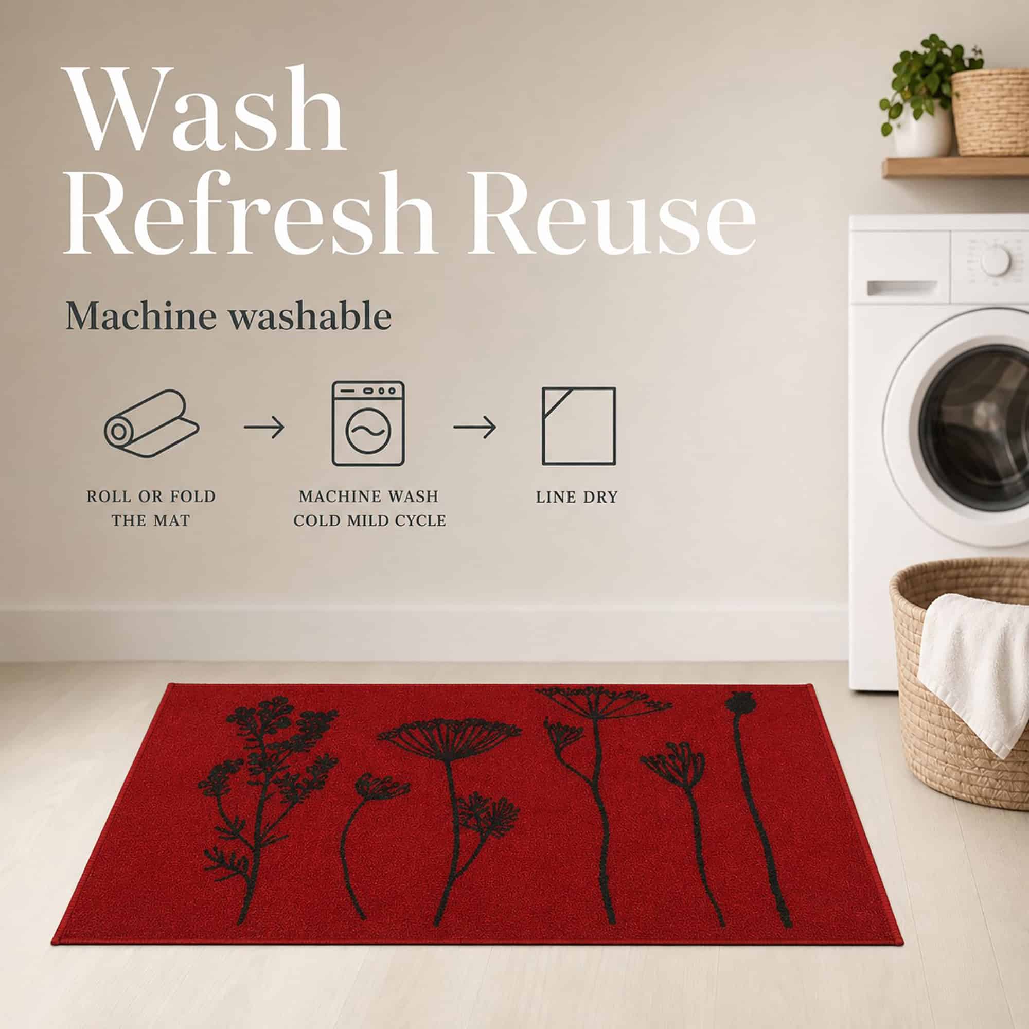 Red floral kitchen mat in a laundry room with icons showing it can be rolled machine washed on a cold cycle and line dried.