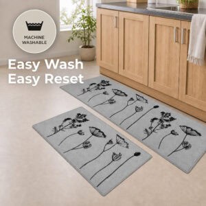 Gray floral mat and runner set on a kitchen floor with a machine washable icon, easy to wash and reset between everyday uses.