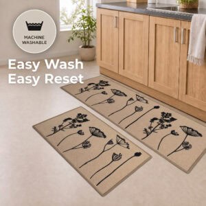 Natural beige floral mat and runner set on a kitchen floor with a machine washable icon, easy to wash and reset between everyday uses.