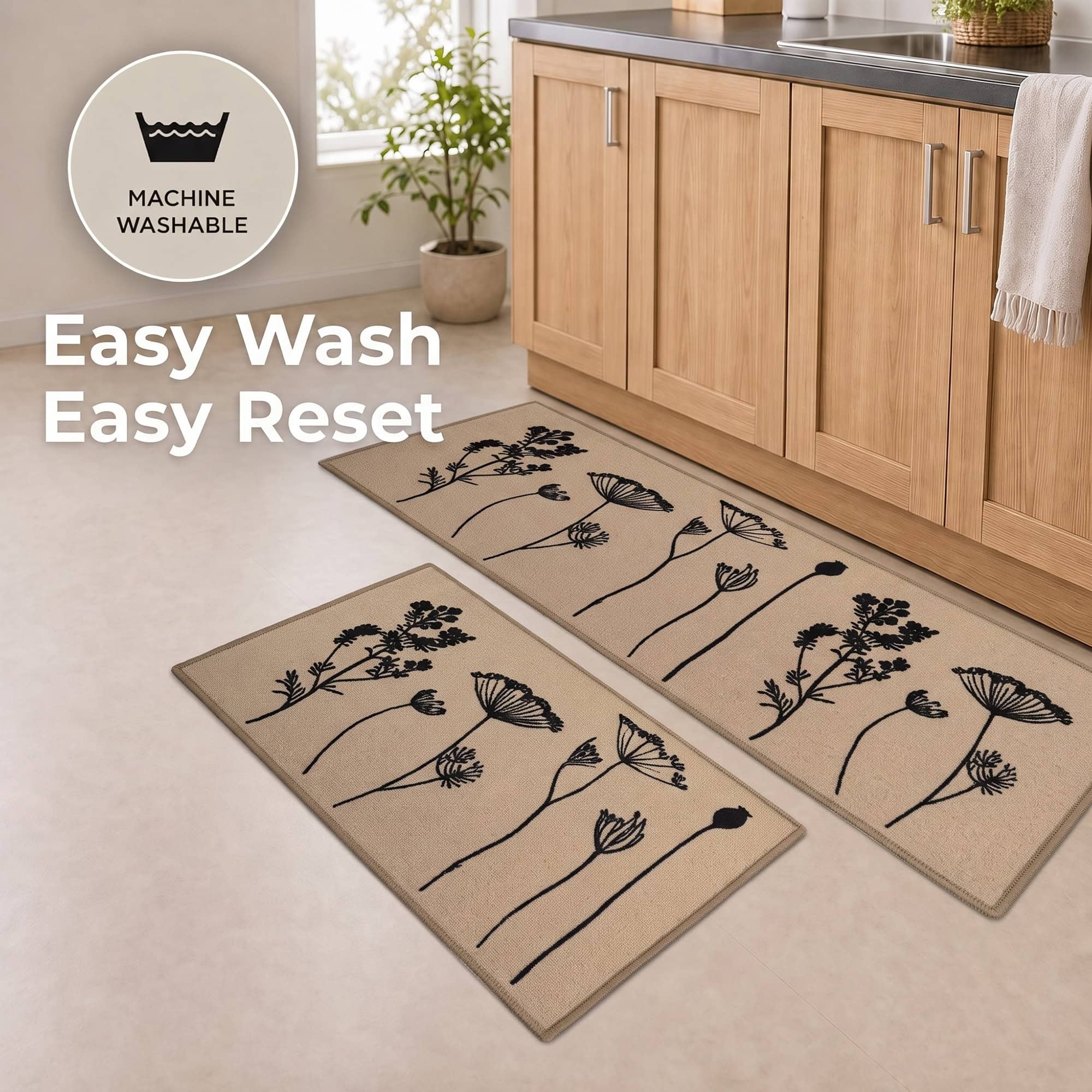 Natural beige floral mat and runner set on a kitchen floor with a machine washable icon, easy to wash and reset between everyday uses.
