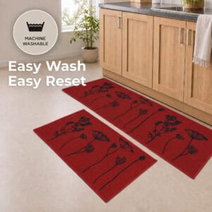 Red floral mat and runner set on a kitchen floor with a machine washable icon, easy to wash and reset between everyday uses.