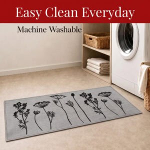 Gray floral kitchen runner in a laundry room beside a washer noting it is machine washable for easy everyday cleaning.