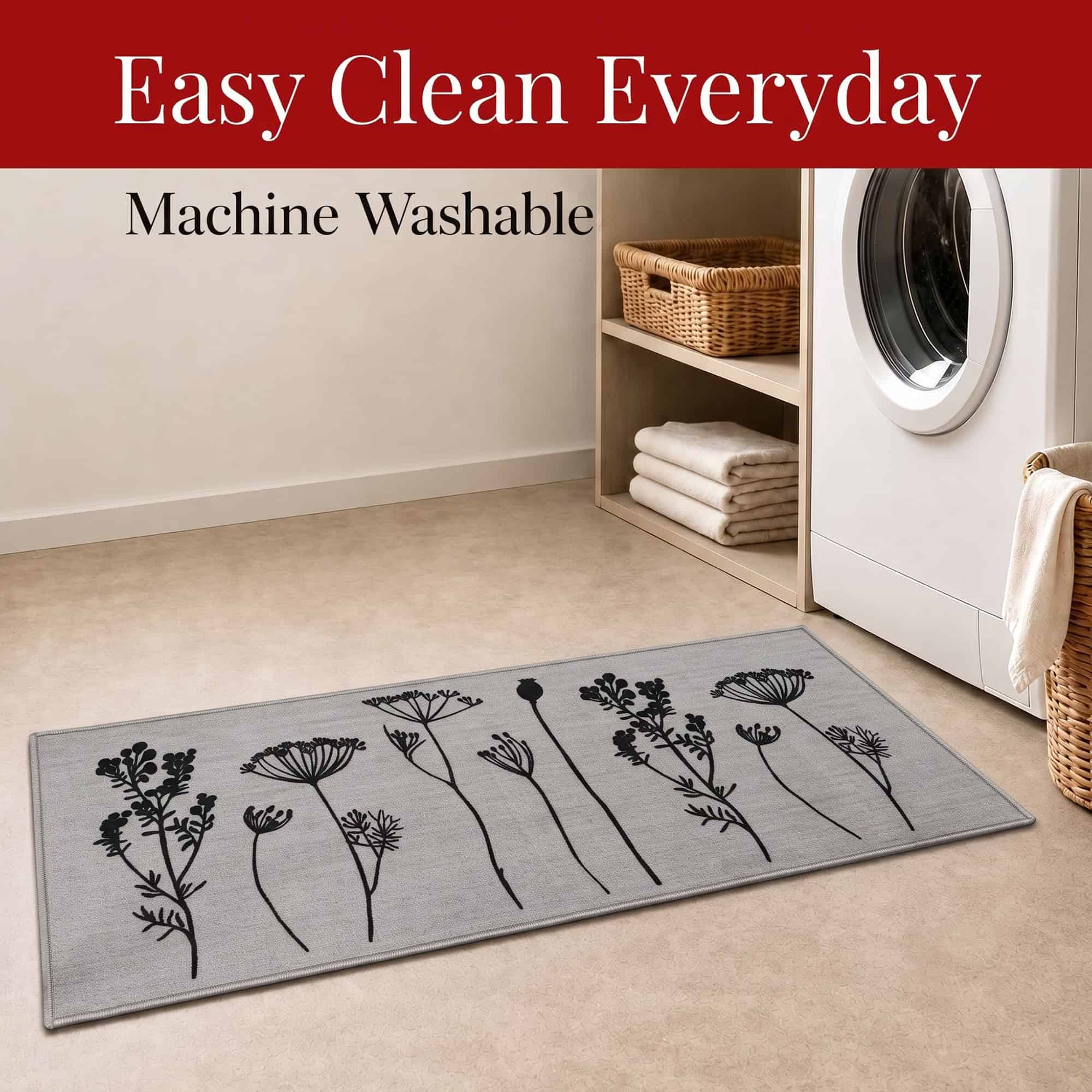 Gray floral kitchen runner in a laundry room beside a washer noting it is machine washable for easy everyday cleaning.