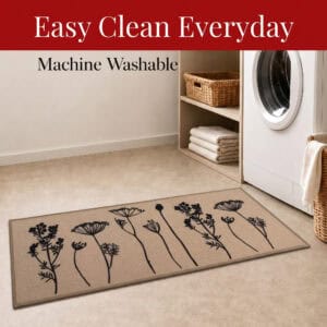 Natural beige floral kitchen runner in a laundry room beside a washer noting it is machine washable for easy everyday cleaning.