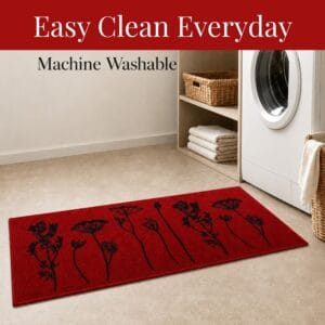 Red floral kitchen runner in a laundry room beside a washer noting it is machine washable for easy everyday cleaning.